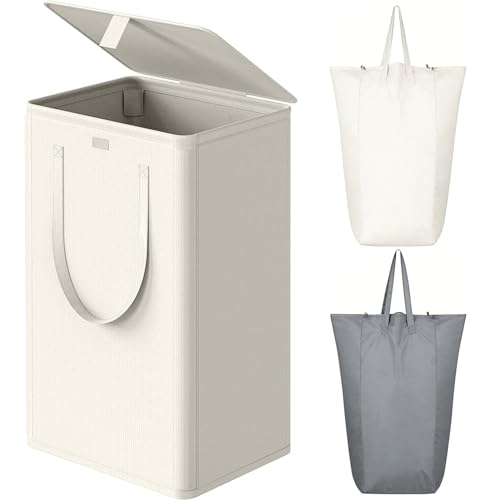 Image of WOWLIVE 100L Laundry Hamper with Lid, Large Foldbale Laundry Basket with 2 Removable Bags and Handles, Tall Collapsible Dirty Clothes Hamper for Laundry Room, Bathroom, Dorm (Beige)