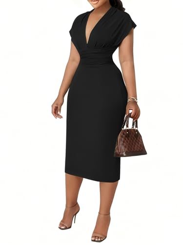 Women's Bodycon Midi Dress Deep V-Neck Cap Sleeve Ruched High Waist Stretchy Dresses for Date Nights, Parties & Work-Black-XL