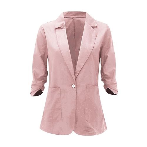 Women Cotton Linen Blazer Summer Lightweight Button 3/4 Sleeve Cardigan Business Casual Suit Jacket with Pockets3