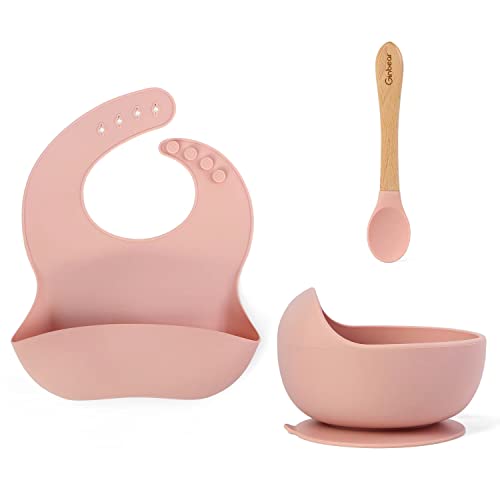 Image of Ginbear Baby Bowls with Suction, Silicone Bibs, Self Feeding Spoons, Led Weaning Supplies, Toddler Eating Set for Ages 6 Months+ (Baby Pink)