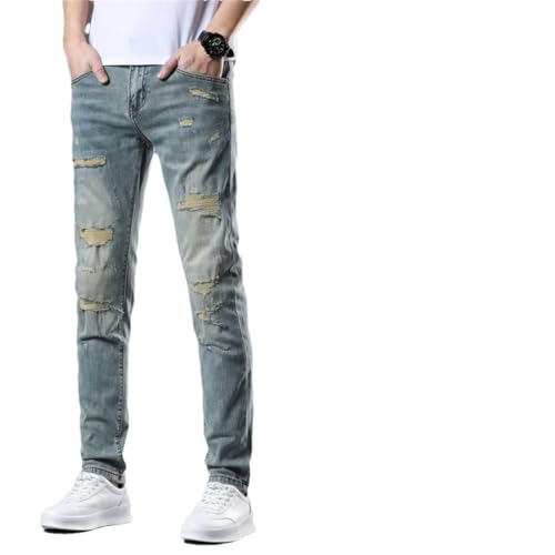 Men Spring Distressed Ripped Skinny Stretch Vintage Streetwear Patchwork Jeans