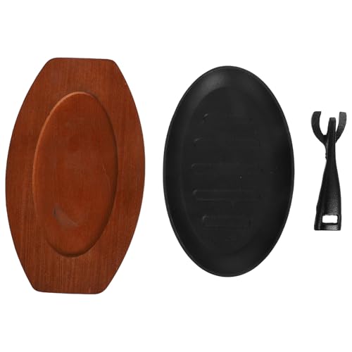 Ciieeo Cast Iron Steak Grill Pan with Striped Sizzling Plate Oven and Stovetop Safe Mini Skillet with Wooden Base and Fork for Kitchen Picnic Fajita Cooking