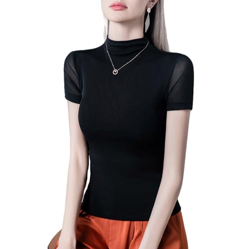Women High Neck Mesh Tops Short Sleeve Fitted Mock Neck Work