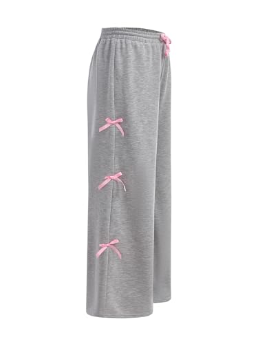 OYOANGLE Girl's Elastic Drawstring Waist Bow Sweatpants Y2K Wide Leg Long Trousers