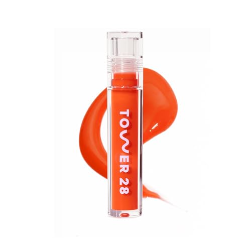 Tower 28 ShineOn Lip Jelly, FIRE, Non-Sticky, Hydrating Vegan Lip Gloss in Sheer Orange, Moisturizing Apricot and Raspberry Seed Oil, Clean, Cruelty Free