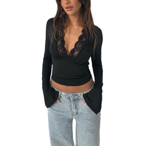 Women Lace Long Sleeve Going Out Tops Y2k Low Cut V Neck Slim Fitted Bell Sleeve Shirt