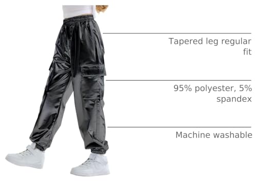 Image of Rolanko Girls Shiny Metallic Cargo Pants, Sparkle Jogger Pants for Girls Hip Hop Dance Streetwear Cargo Trousers 6-15 Years