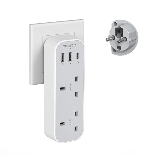 UK to European Travel Plug Adapter, TESSAN Grounded EU Euro Europe Travel Adapter with 3 USB (1 USB C)