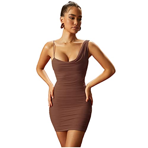 Xllais Mini caraco à bretelles irrégulières froncées sur le côté, marron, Taille M Cover
