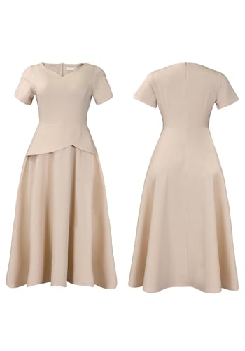 Image of Women Casual Plus Size A Line Dress V Neck Short Sleeve Pleated Wedding Guest Party Midi Dresses
