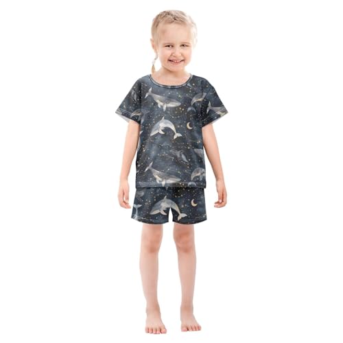 ALAZA Whale Moon Starry Constellation Pajamas Set Short Sleeve Cotton Sleepwear Summer Pjs 2 Piece 5-14Y3
