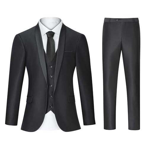 Hombre De Ajustado Groomsmen Smoking Trajes de Lujo for Hombre, de un Solo Pecho, con Solapa de Pico, 3 Piezas, Chaqueta, pantalón, Chaleco, Conjuntos completos(Black,M)