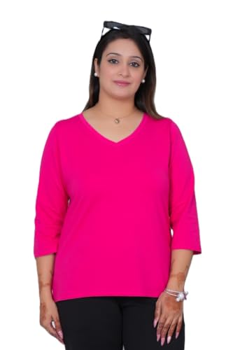 Image of Mlada V-Neck Cotton 3 /4th Sleeves Tshirt for Women | Stretchable Regualr Fit Solid Cotton Tshirts | Casual 3 /4th Sleeves Tshirts for Women Office Wear | Solid Round Neck Tshirt