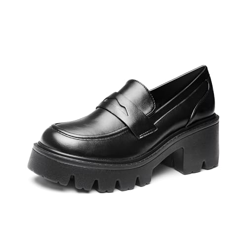 Image of Black Penny Loafers for Women - Women's Slip-On Platform Patent Leather Loafers, Chunky Comfort Shoes for Work & Dressy Occasions