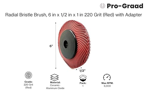 Image of Radial Bristle Brush, 6 in x 1 /2 in x 1 in 220 Grit (Red) with Adapter, Type C Curved Bristle (Pack of 1)