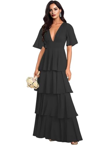 Tiered V Neck Bridesmaid Dresses for Women 2025 Chiffon Ruffle Short Sleeve Wedding Guest Formal Evening Dress