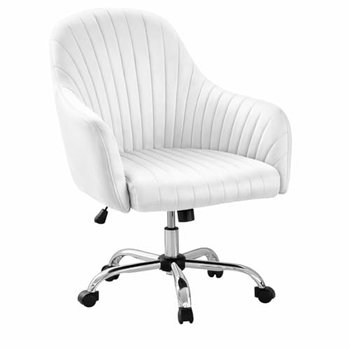 Image of AZAKEE Velvet Office Chair with Wheels & Armrests - Mid-Back Swivel Desk Chair for Home Office, Study, Bedroom & Vanity - Adjustable Height, Comfortable & Stylish (White)
