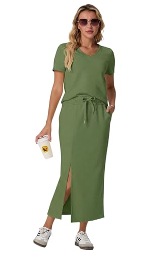 Image of GRECERELLE Women Summer Casual 2 Piece Sets V-Neck Wrinkle-Free Top & Elastic Waist Midi Side Slit Skirt with Pockets