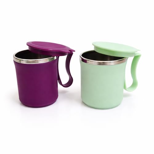 Image of Insulated Stainless Steel Coffee Mug with Lid, 300ml, Double Wall, Reusable Travel Mug for Home & Office (Purple - Pastel Green)
