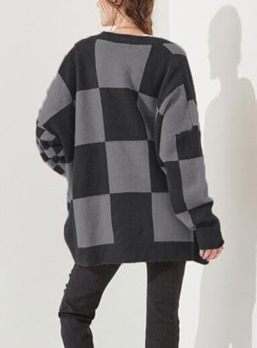 CHARTOU Women Slouchy Checkered Cardigan Oversized Open Front Cardigan Sweater Plaid Knit Outwear Coat3