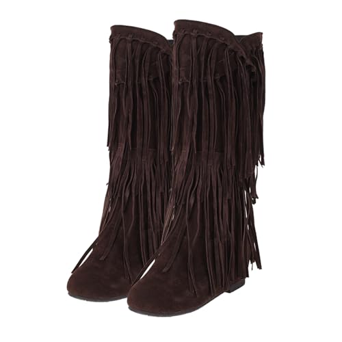 Women's Western Fringe Boots Knee High with Hidden Heel Round Toe Platform Pull On Design Suede Plush Moccasin Cowgirl Boots for Wide Calf Low Heel Comfort Fall Winter Fashion - Main Image