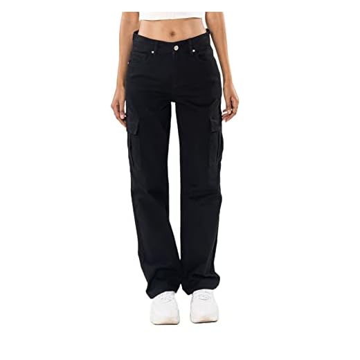 Nina Carter Q1885 Damen Cargo Jeans High Waist Cargohose Stretch Straight Leg Hose, Schwarz (Q1885-1), M