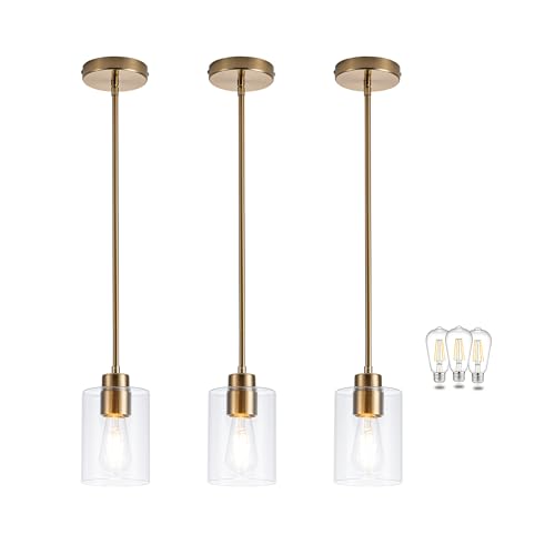 Image of MAYNA 3-Pack Brushed Brass Dining Room Light Fixtures, Modern Gold Pendant Lighting Over Island, Adjustable Rods Glass Chandelier for Kitchen Table (Bulbs Included)