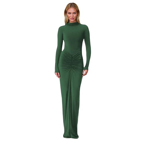 Image of Women's Sexy Turtleneck Long Sleeve Maxi Dress Elegant Ruched Bodycon Long Dress Casual Party Dresses