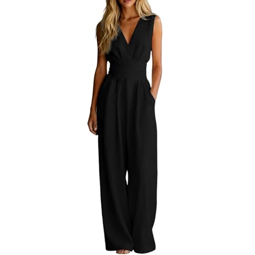 Overol de pierna ancha para mujer, cuello en V, sin mangas, con bolsillos, cintura alta, ajuste holgado, traje de una pieza para invitados de boda, vacaciones, fiestas, viajes y uso diario, Negro, M