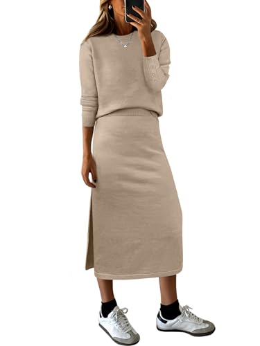 ANRABESS 2 Piece Skirts Sets For Women Fall Fashion 2025 Striped Sweater Midi Dress Knit Lounge Travel Outfits Winter Clothes Khaki Medium