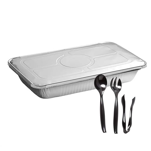 Nicole Fantini Aluminum Disposable Full Size Shallow Pan with Lids for Food Prepping - Includes FREE 3PCs Serving Utensils for Convenient Catering -10 Pans