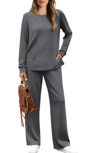 Image of WIHOLL Women's 2 Piece Lounge Sets Sweatshirt Casual Travel Outfits Fashion Wide Leg Tracksuit Cozy Sweatsuits