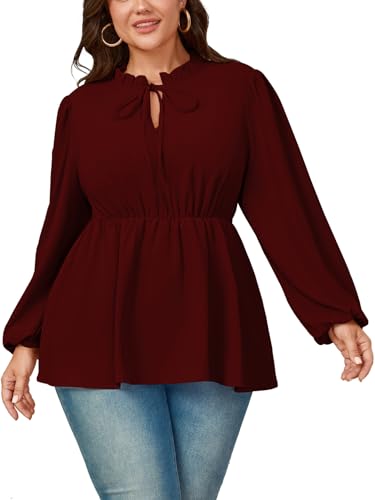Womens Plus Size Blouse Tops Long Sleeve Tie Front Work Tops Dressy Casual Flowy Ruffle Peplum Tops for Women