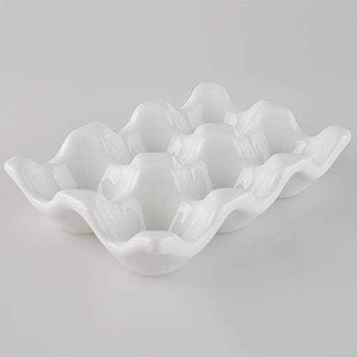Ceramic Egg Holder 6 Cups Egg Tray Porcelain Fresh Egg Holder for Fridge Countertop Kitchen Storage (White)