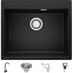 Fregadero Oslo Roca Fregadero Cocina 59 x 50 cm, Fregadero Granito Un Seno + Grifo + Sifón Clásico, Fregadero Empotrado Oslo 60 XL de Primagran, Negro