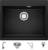 ✅ ELEGANTE, Fregadero incorporado de alta calidad con 1 cubeta XL, sin tabla de escurrir, encaja perfectamente con muebles bajos a partir de 60 cm, dimensiones exteriores 590 x 500 mm, profundidad de la cubeta XL principal 180 mm y grifo de cocina con caño giratorio con un radio de 360°, encaja con una abertura de instalación de 35 mm (estándar de mercado)