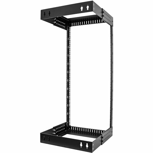 Image of StarTech 24U 2-Post Wall Mount Open Frame Rack, 19in (RACK-24U-20-WALL-OA) | Adjustable depth 12-20in, 2.0mm SPCC cold-rolled steel, M6 cage nuts and screws, Heavy-duty 90kg capacity