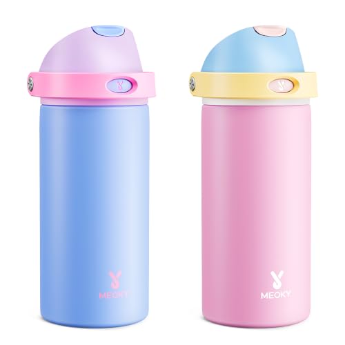 Image of Meoky 2 Pack 18 oz Insulated Kids Water Bottle for Travel | 2-in-1 Straw and Spout Lid, Leak Proof, Stainless Steel, Cold for 24 Hours, Fits in Car Cup Holder, Hydrangea & Fruit Punch
