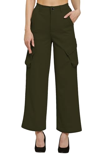 Image of Fashion Women's Casual Cargo Pants Flared High Waist Relaxed Fit Stretchable Parallel Trousers