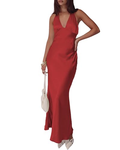 Image of Women's Satin Dresses Summer Bodycon Sexy Halter V Neck Backless Elegant Formal Prom Cocktail Wedding Guest Maxi Dress