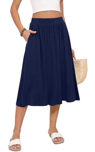 MLXSJ Women's Midi Skirt Summer Flowy Skirts Navy Blue M