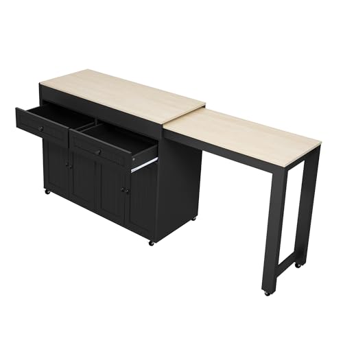 FAYICIC Isla de cocina con ruedas, extensible para comedor, isla de cocina con encimera y cajones, móvil independiente, ideal para cocina y comedor (negro y natural) - imagen 5