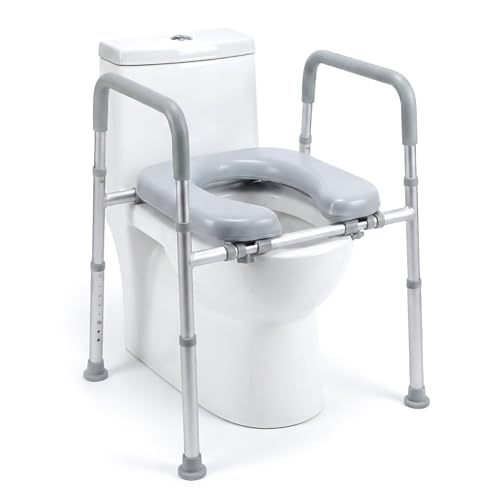 Image of KosmoCare Aluminium Toilet Seat Raiser with Cushioned Seat | Adjustable Toilet Safety Frame with Handles for Elderly & Disabled | Toilet Seat Riser with Armrests | Toilet Safety Rails for Seniors