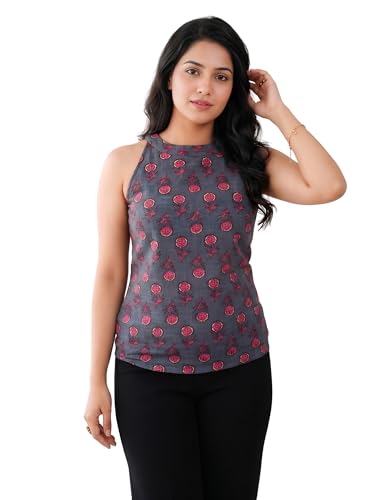 Image of Yash Gallery Women's Cotton Regular Fit Floral Printed Hot Neck Regular Top
