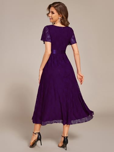 Image of Ever-Pretty Women's Lace Short Sleeve Round Neck Empire Waist Midi High Low Evening Gown 03489