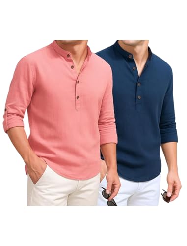 Image of DEEMOON Combo of Men's Cotton Blend Solid Regular Fit Full Sleeve Short Kurta | Men's Trendy Short Kurta Pack of 2 (Available in Plus Size & Combo Packs)