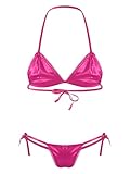Yanarno Men's Sissy Lingerie Set Halter Thong Bikini Tie Two Sides Bottom Triangle Bikini Swimsuits Hot Pink One Size