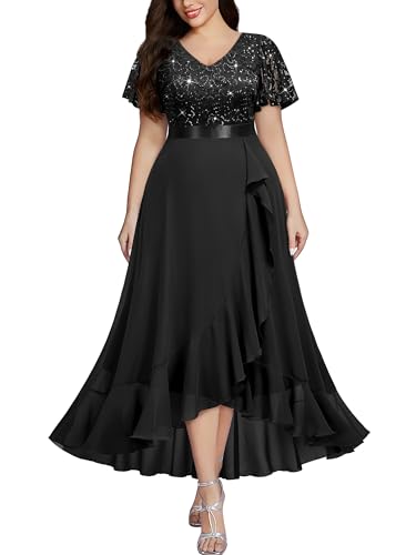 Image of MISSMAY Women's Plus Size V Neck Sequin Lace Butterfly Sleeves Formal Evening Party Long Dress
