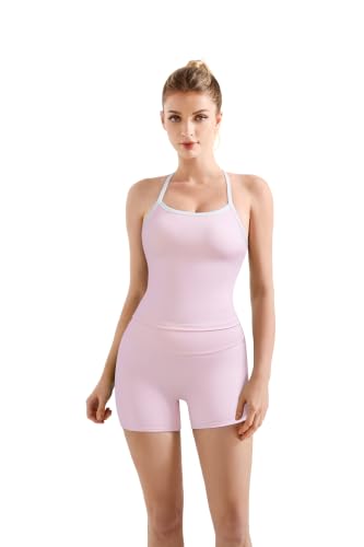 Image of SUUKSESS Women 2 Piece Workout Sets High Waisted Tummy Control Biker Shorts Halter Padded Tank Tops