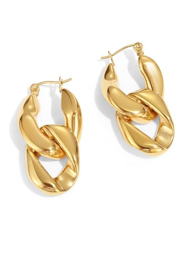 PANSTAR 18K Gold Plated Dangle Earrings, Geometric Chain Style, Gold Vermeil Earrings, Gold Tone Chunky Hoop Earrings